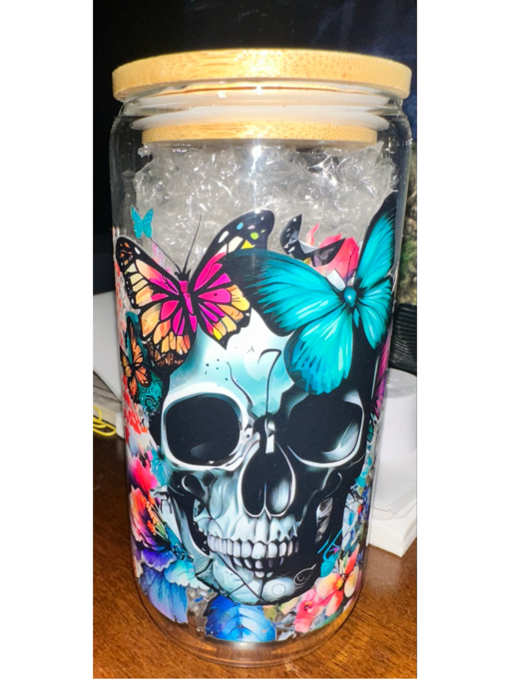 Unbranded Butterfly Skull Glass One Size Clear Multi-color